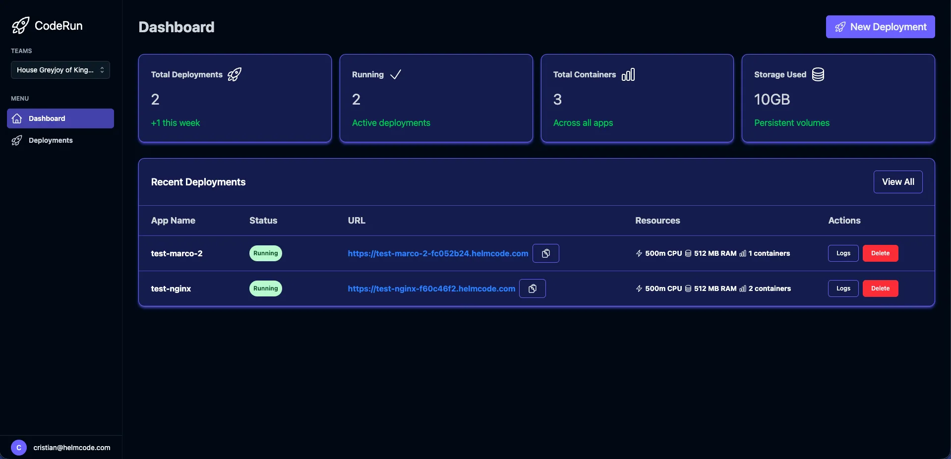 Coderun Dashboard - Container Management