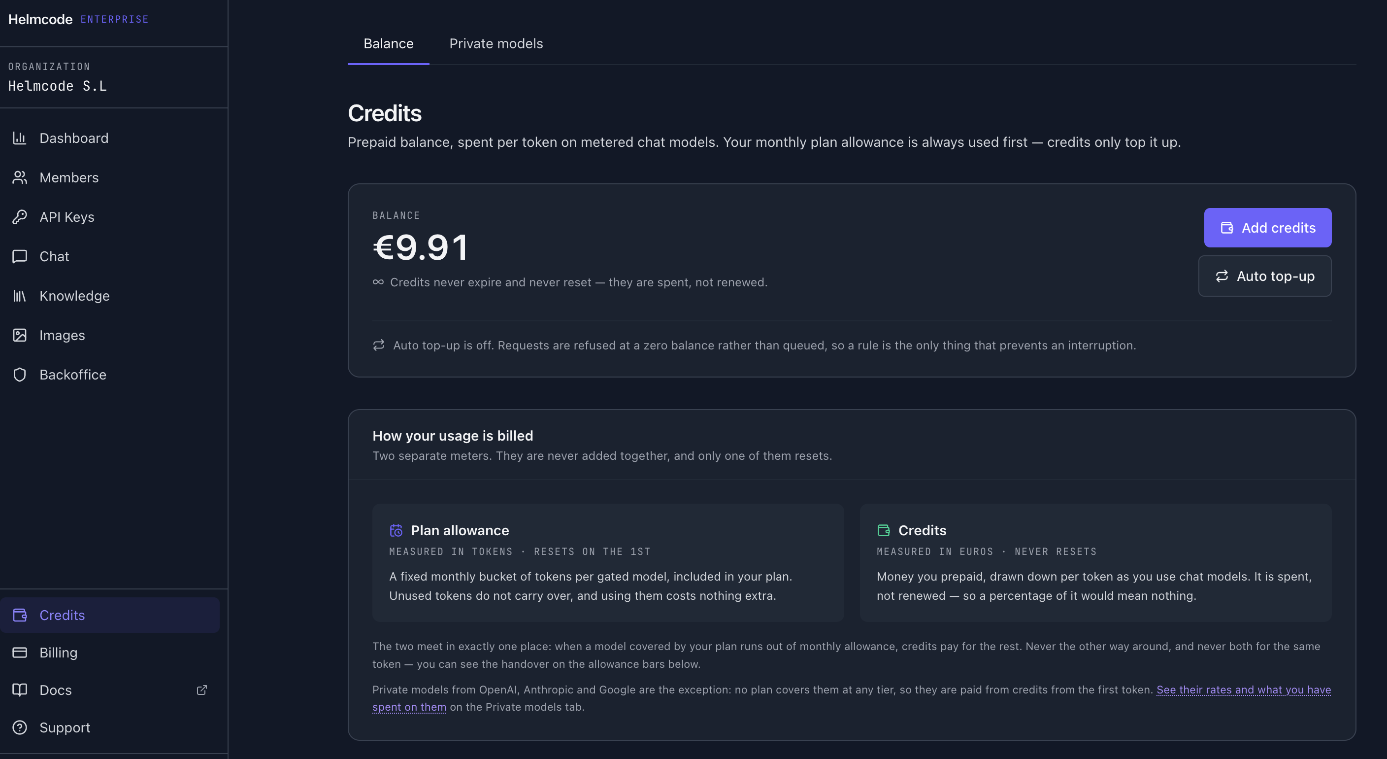 The Credits section of the Helmcode console: a prepaid balance in euros, the Add credits and Auto top-up buttons, and the How your usage is billed block comparing the plan allowance meter against the credit meter.