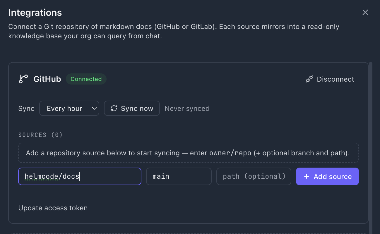 Adding a repository source after connecting GitHub