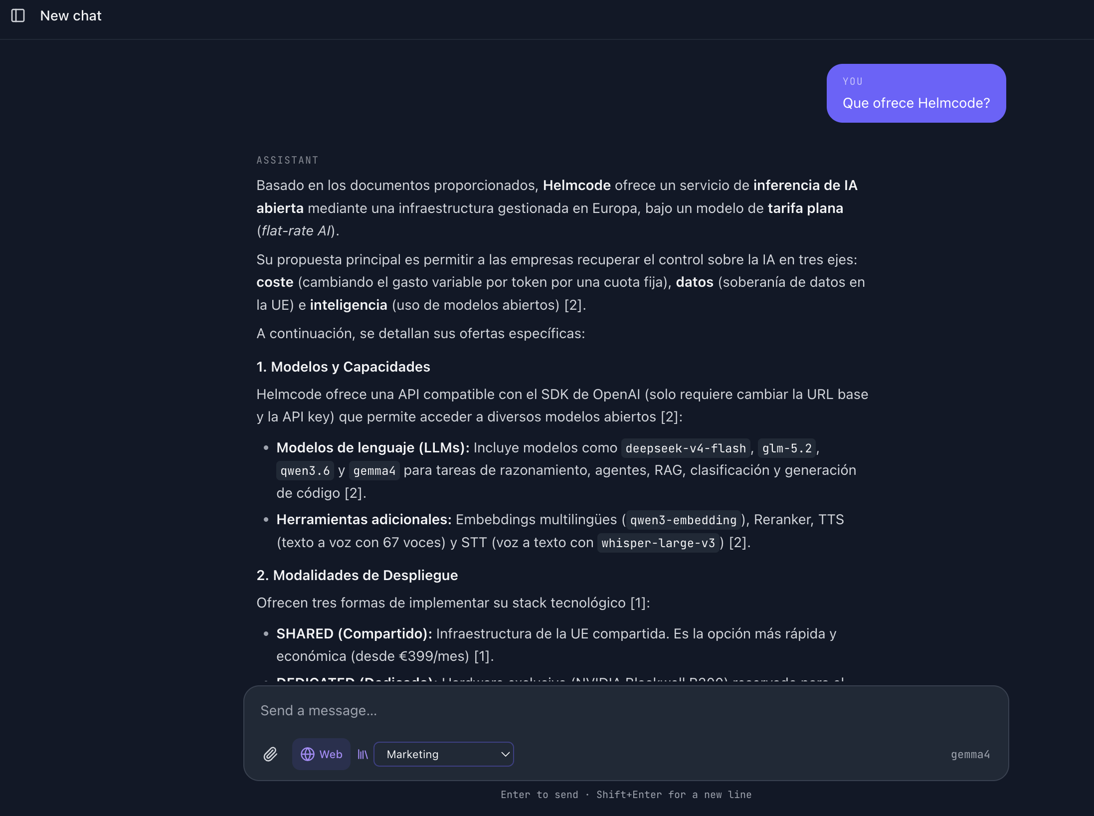 Chat response grounded in the selected knowledge base