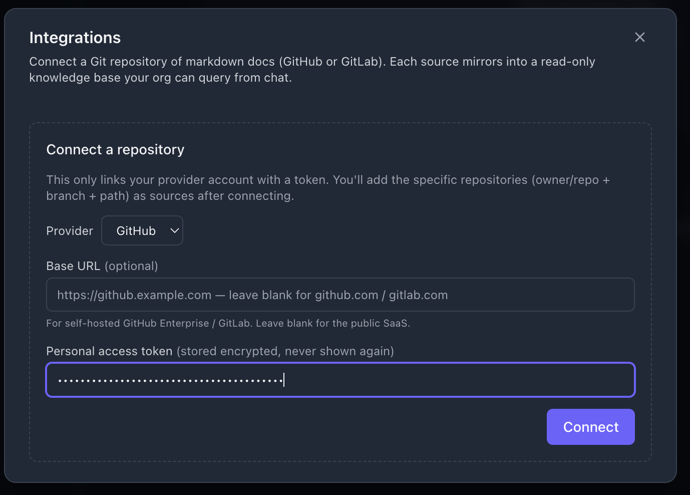 Connect a repository: GitHub provider, Base URL and personal access token