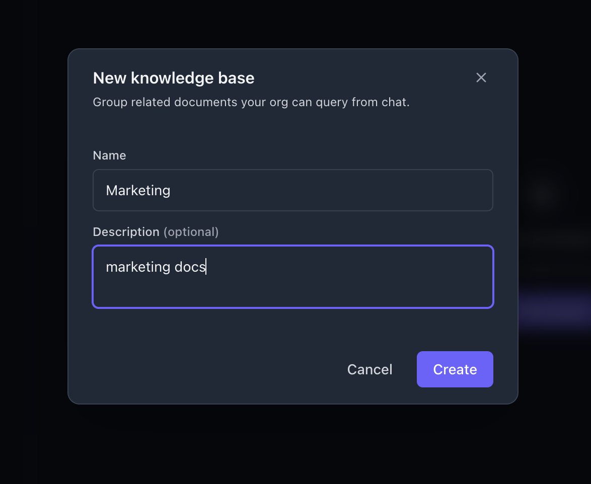 New knowledge base creation modal