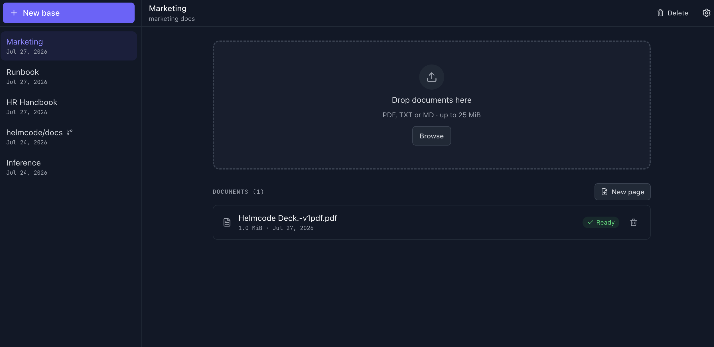 Knowledge base with an uploaded document in Ready status